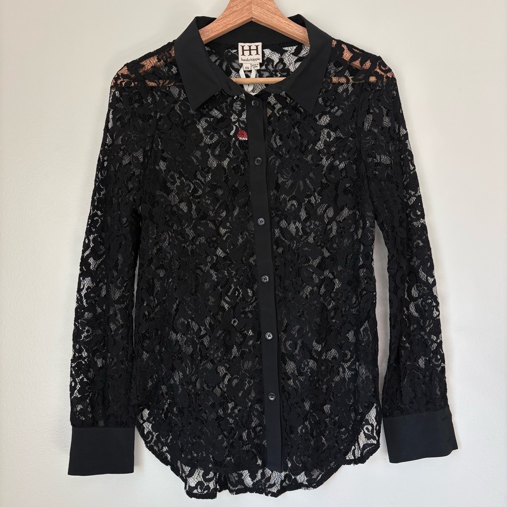 Haute Hippie Black Floral Lace Button-Down Blouse XS Sheer Designer Top